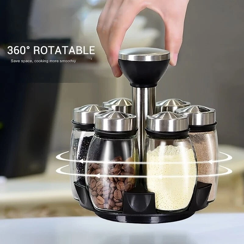 Spice Jar Set Rack Glass Organizer Rotating Seasoning Sugar Pepper Salt Bottles