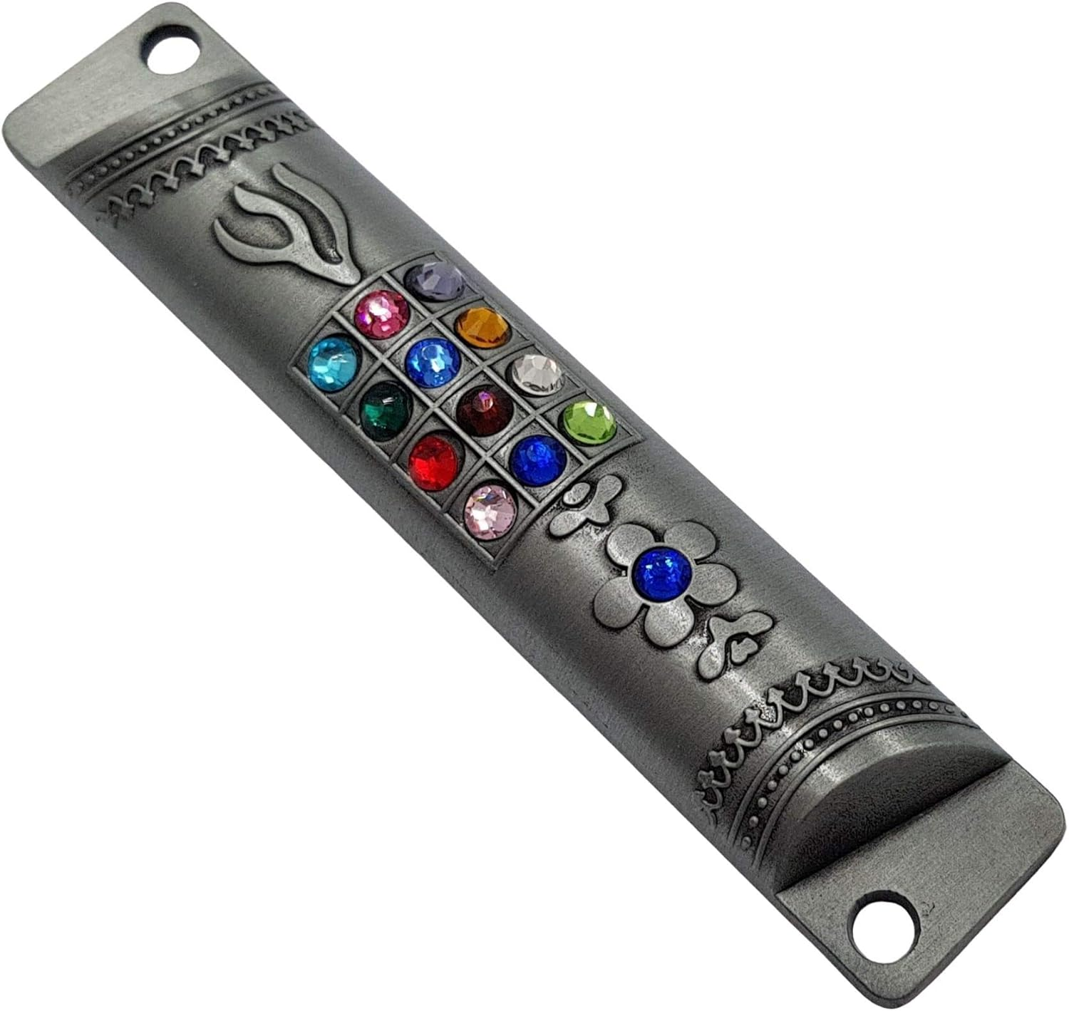 Pewter MEZUZAH CASE with Scroll 12 Tribes of Israel Hoshen Judaica Door