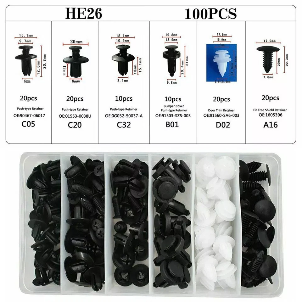 100 un. + 4 clips de parachoques de herramientas para automóvil remaches de plástico sujetador guardabarros pasador Foto 2 de 4