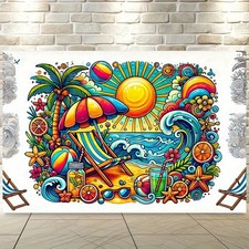 Vibrant Summer Beach Backdrop Banner - Tropical Palm Trees, Colorful Ocean  S