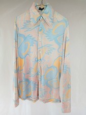 Vintage Men's Disco Button Shirt Medium 1970s Retro Salmon Pink Blue Egret Print