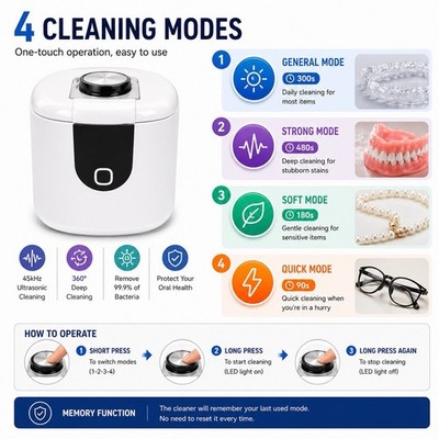 Ultrasonic Retainer Cleaner 45kHz Protable Retainer Cleaner  UV LED
