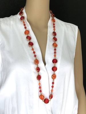 Vintage JOAN RIVERS 39'' Long Faceted Red Acrylic Gold-Tone Beaded Necklace