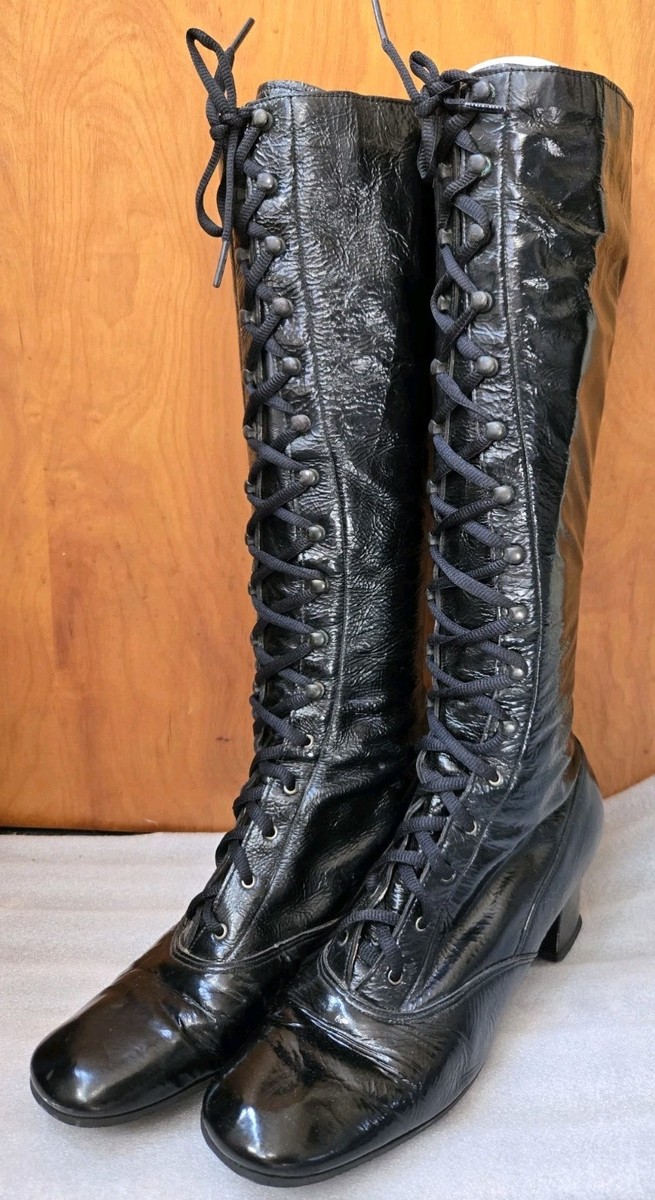 Vintage 1960s Black LaceUp Granny Boots Knee High Black Crushed