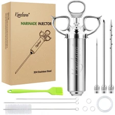 Meat Injector 2-oz Marinade Flavor Barrel 304 Stainless Steel with 3 Marinade...