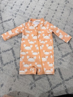 Jan & Jul Orange & White Crab Print UV SUN SUIT Long Sleeve 12/18m