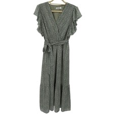 Chiffon Leopard Print tiered Midi Dress size Large Sage green tea garden party