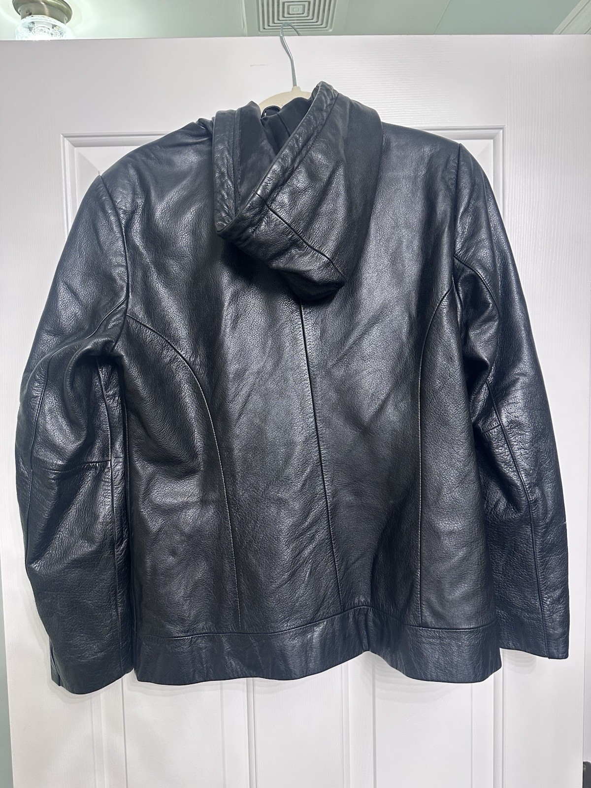 Jacqueline Ferrar Black Leather Hooded Full Zip Jacket Lined Short Length Size S - second product detail image