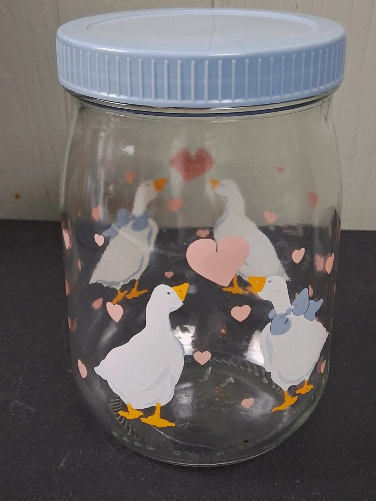 Vintage Country Goose Hearts Glass Storage Jar 6” W/ Lid 1L Made in France