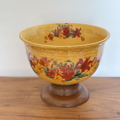 Vintage Floral Ceramic Bowl With Wood Pedestal FTD Fall Colors