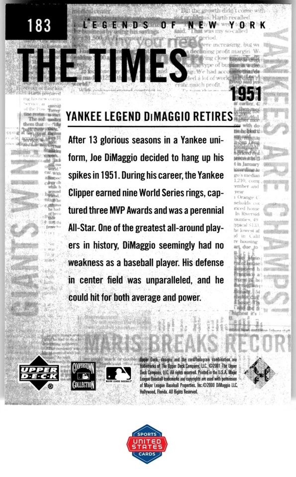 2001 Upper Deck Legends of New York #183 Joe DiMaggio - Image 2 of 2