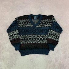 Vintage abstract knitted jumper Patterned Grandad v-neck chunky knit sweater