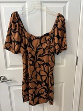 A New Day Mini Dress Size Large Modern Design Brown Black Floral Elastic Neck