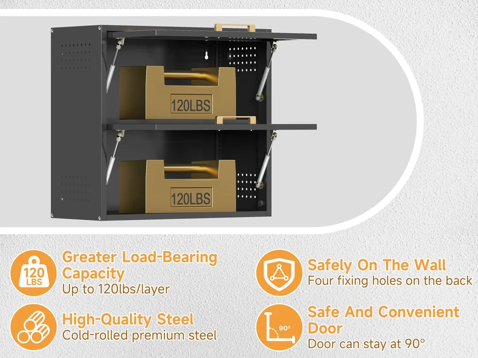 Armários de armazenamento de parede com 2 portas flutuantes superiores de metal armário de garagem - Imagem 3 de 4
