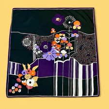 Vintage 1960s Mid Century Modern Floral Silk Scarf Purple Black Geometric
