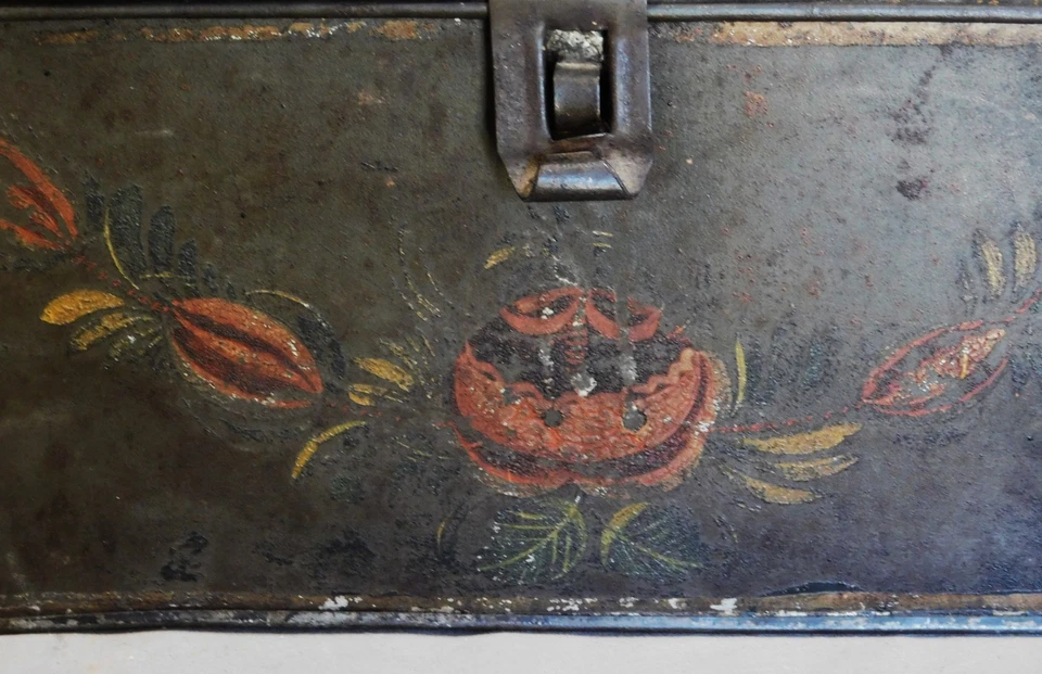 Antique large tole hand painted box jewelry tin trinket swags 19th c. document - Image 3 of 4