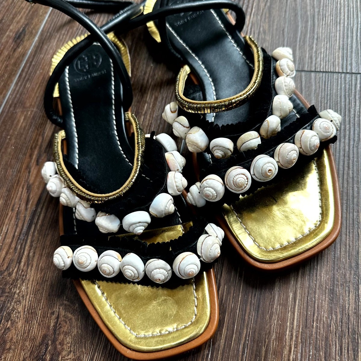 Tory Burch Sinclair Seashell Women Black Fringe Square Toe Ankle