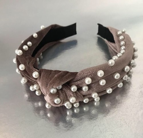 Chunky Pearl Chocolate Tan Brown Velvet Knot Turban Statement Headband