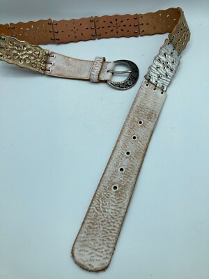 Fossil Belt Genuine Leather Gold Silver White Boho Western Sz L NWOT Unique Gift Fossil Women Leather Belt Boho White Gold Silver Link Flower  main image 4