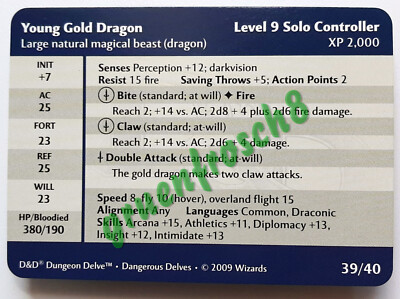  YOUNG GOLD DRAGON  39 RARE  DDM1 DANGEROUS DELVES  WOTC  D&D STATS CARD