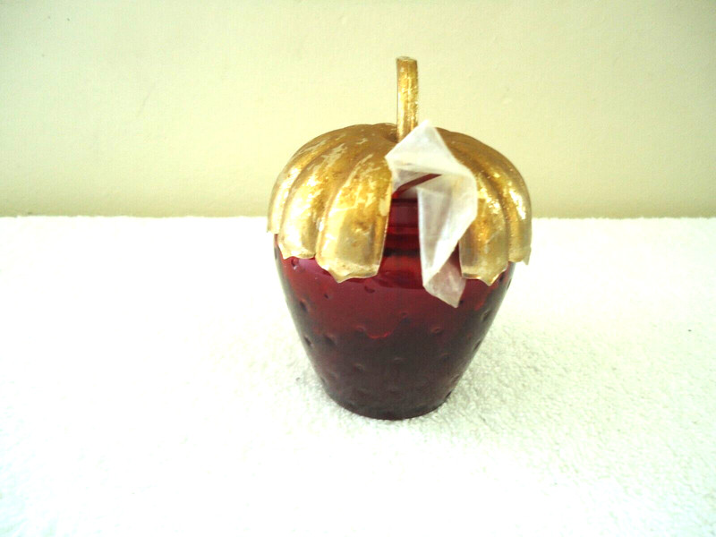 Vintage Avon Strawberry Shaped Red Glass Jar With Spoon " BEAUTIFUL COLLECTIBLE
