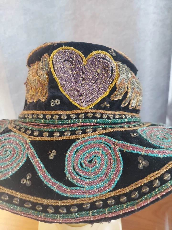 De colección Myanmar Birmana Birmania Kalaga Floppy Boho Sombrero Phoenix Lentejuelas Bordado Foto 2 de 4