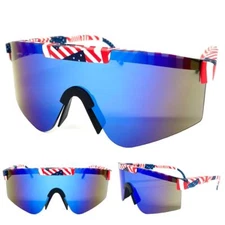Oversized RETRO WRAP SUN GLASSES Big Patriotic American USA Flag Frame Blue Lens