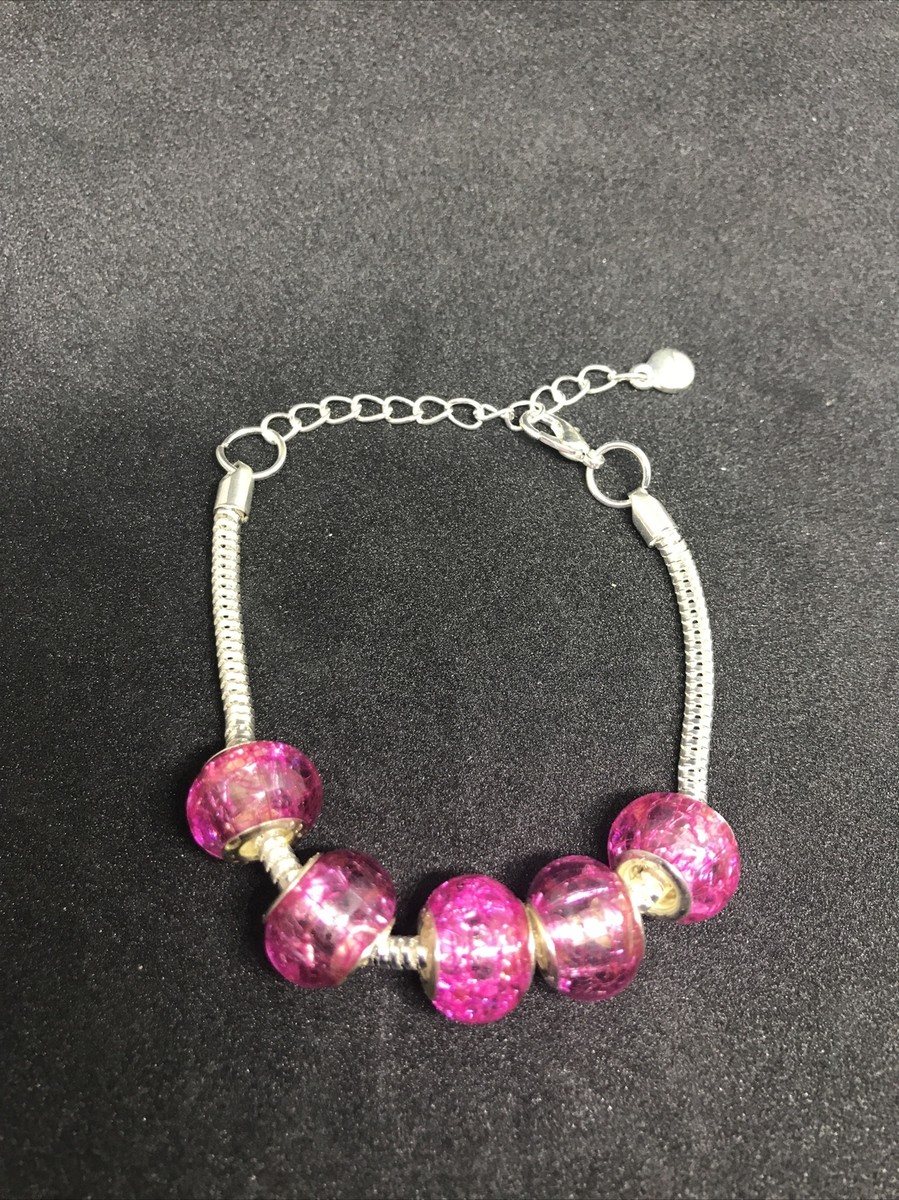 Silver Bracelet with 5 Pink Crack Charms Acrylic Beads | eBay