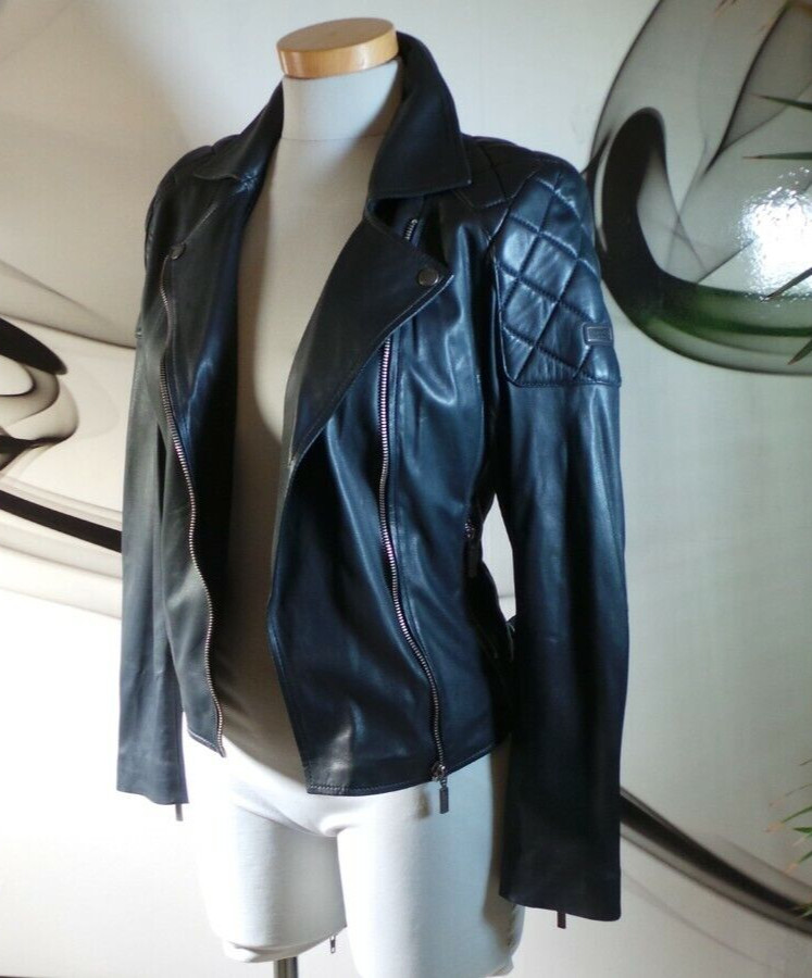DESIGNER RARE BLUE Barbour REAL LEATHER FITTED BIKER JACKET COAT SIZE 14 image 3