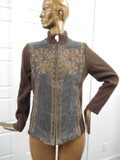 New Bob Mackie Sz M Brown Genuine Leather Knit Full Zip Jacket
