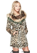 Guess Natalia Faux Fur Trim Coat Animal Print Jacket Celebrity Dance Cocktail