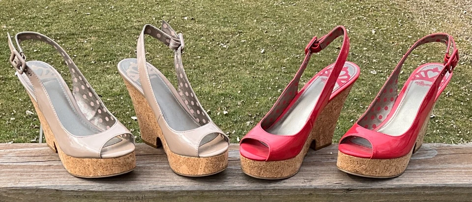 NUEVO Lote de 2 Zapatos De Colección Fergalicious Cuña Peep Toe Gris Coral Rojo 8 M Foto 2 de 4