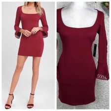 Burgundy Bodycon Dress NWT Lulu’s Ponte Knit Eyelet Flounce Bell Sleeve Size M