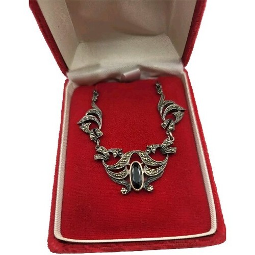 Vintage Victorian Art Deco Sterling Silver Necklace Ornate Marcasite Black Onyx