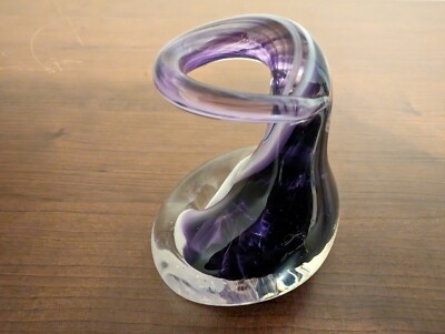M. Weiss Studio Art Glass Kiss Paperweight Purple and White Swirl 2015