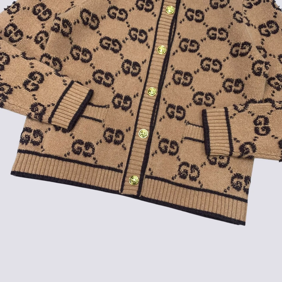 Suéter cardigã Gucci GG monograma lã encaracolado jacquard marrom tamanho G - Imagem 4 de 4