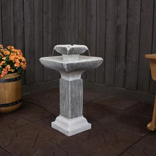 Square Resin Outdoor 2-Tier Bird Bath Water Fountain with Lights by Sunnydaze