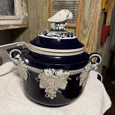 Eckhardt Engler Germany Cobalt Blue Glazed Lidded Soup Tureen Parrot Finial 13”