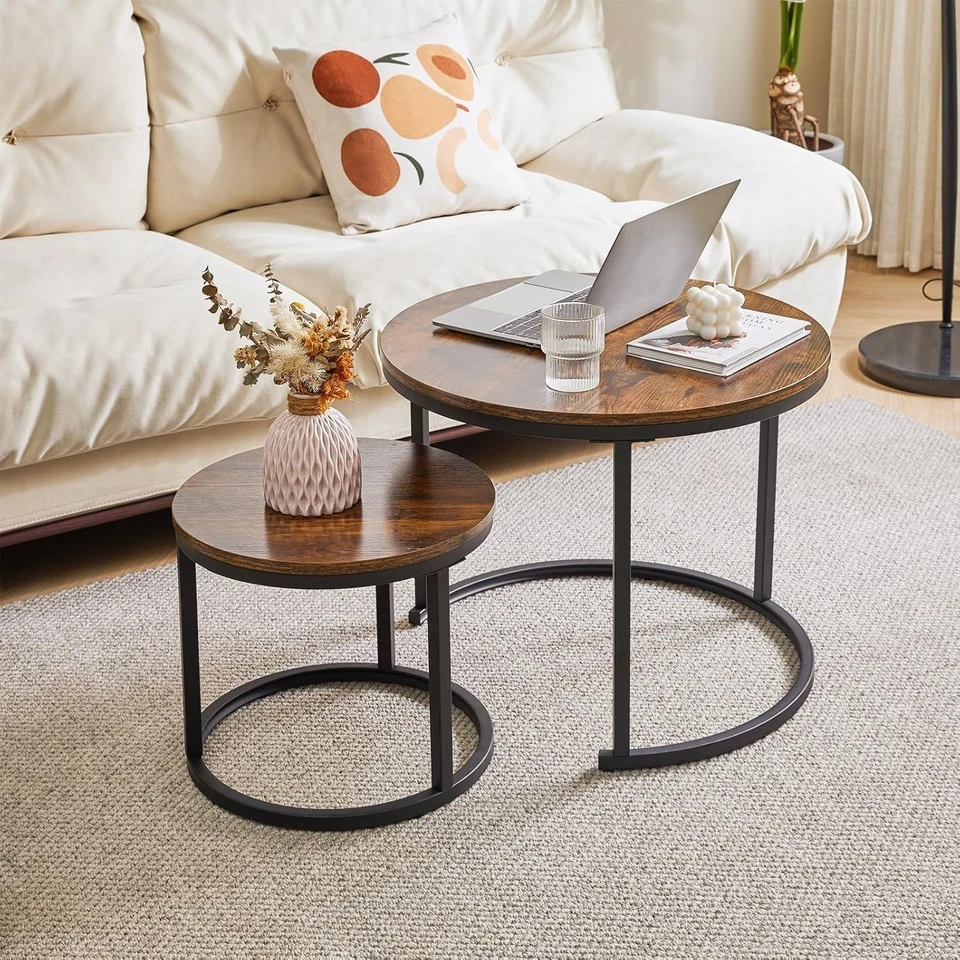 Round Nesting Coffee Tables Set of 2 | Rustic Wood & Metal Side Table for Living - Image 3 of 4