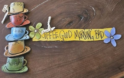 2 Vintage Joy Alldredge Coffee Latte Cups Kitchen Wall Decor Metal Colorful D