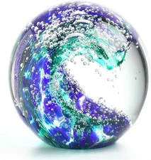 QFkris 3'' Hand Blown Glass Ocean Waves Ball Figurine,Glass Art Bubble Waves Oce