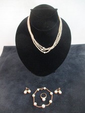 Vtg 50's Jewelry Set- 5-pc Faux Mother of Pearl Necklace Bracelet Earrings Ring