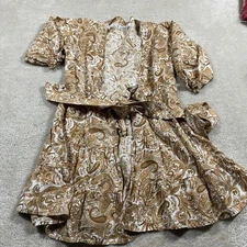 Lusana Dress Womens Small Brown White Paisley Linen Boho Tiered Mini Ruffle Hem