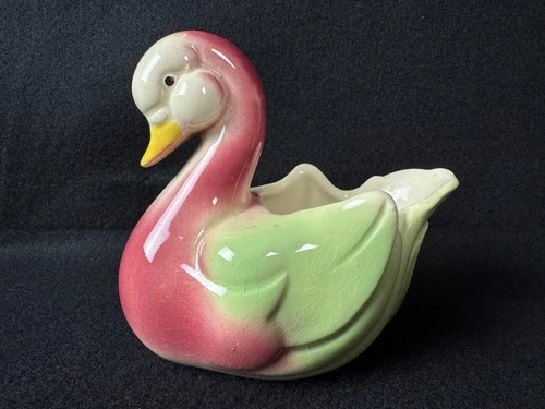 Vintage Shawnee Pottery Maroon & Green Ceramic Swan Planter