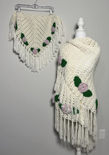 Vintage Handmade Crochet Shawl Set Labeled Folk Art Boho Fringe 70s Cottagecore
