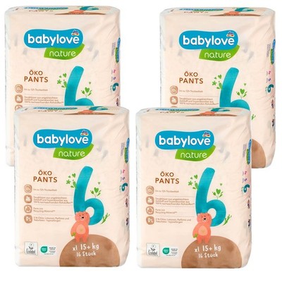 4x 16 = 64 Stück Babylove nature Öko Pants Größe 6 XL 15 kg Windeln Hypoallergen