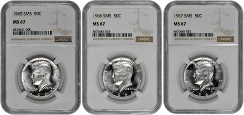 1965 - 1967 SMS 50c Kennedy Half Dollar NGC Graded MS 67 Three Coin Lot