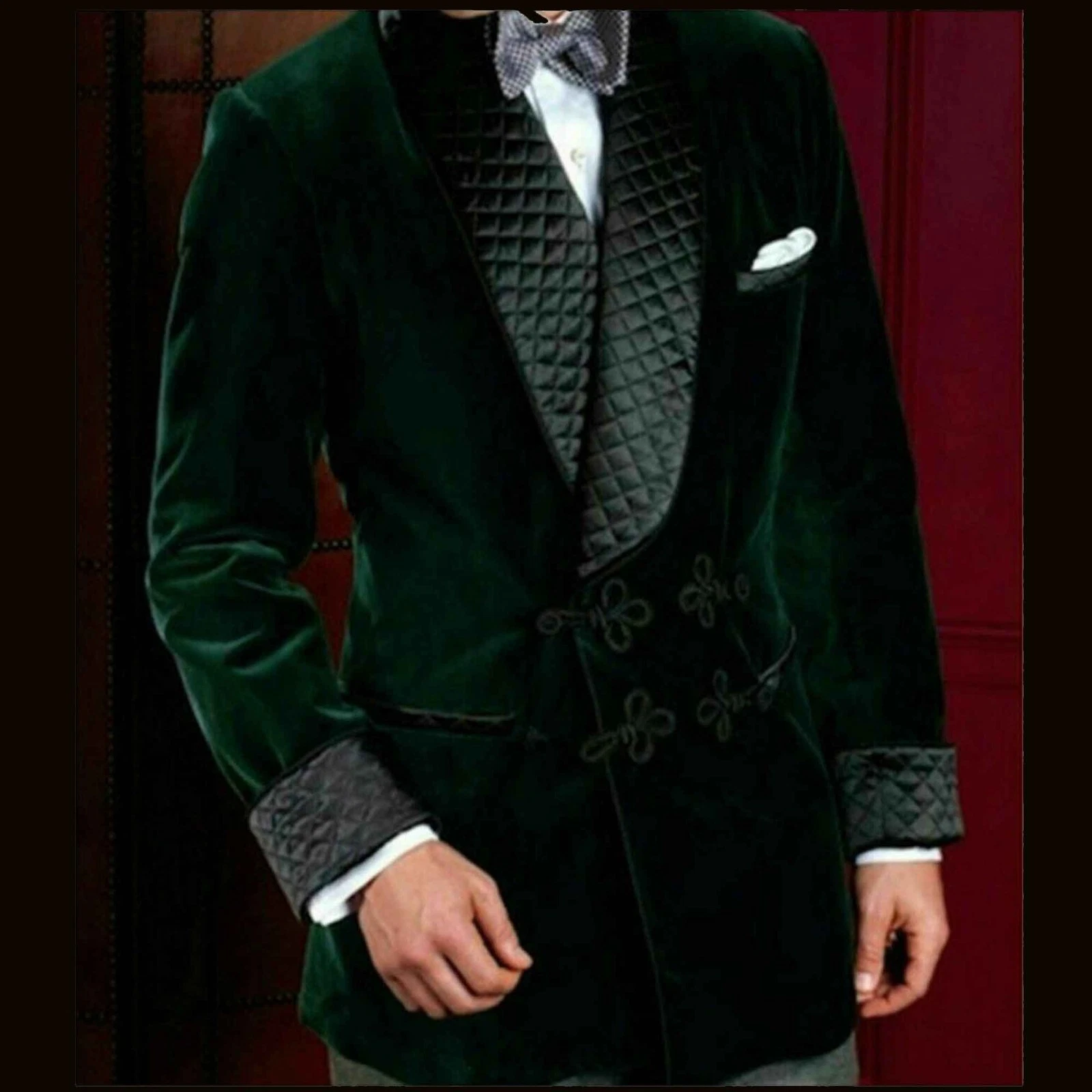 Men's Green Smoking Jackets Quilted Lapel Designer Dinner Party Wear Blazer Coat