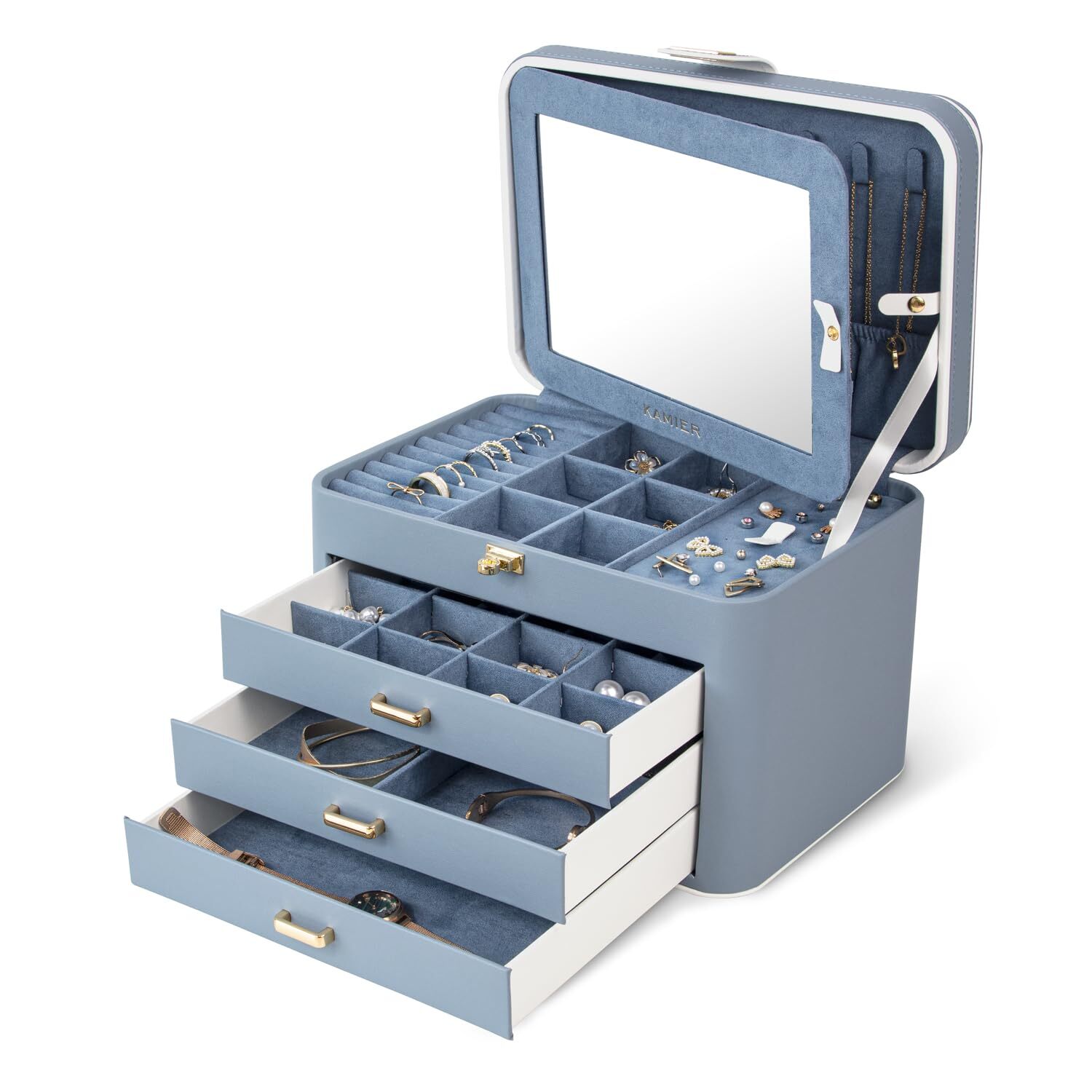 Jewelry Boxes for Women, 4 Layer Jewelry Organizer with Mirror, 3 Drawers, La...