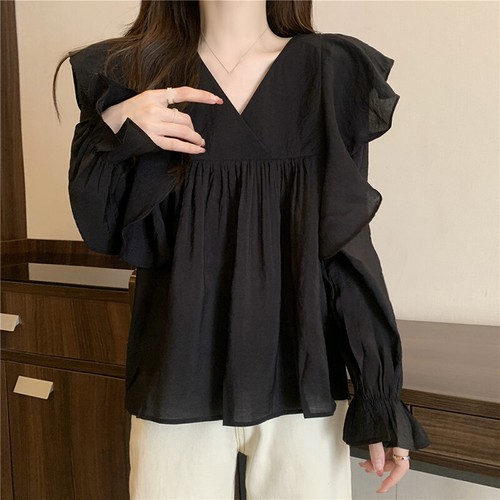 Blusa Top Camisa Damas Chifón Abullonada Manga Larga Volantes Cuello en V Sólida Suelta Retro - Imagen 12 de 15